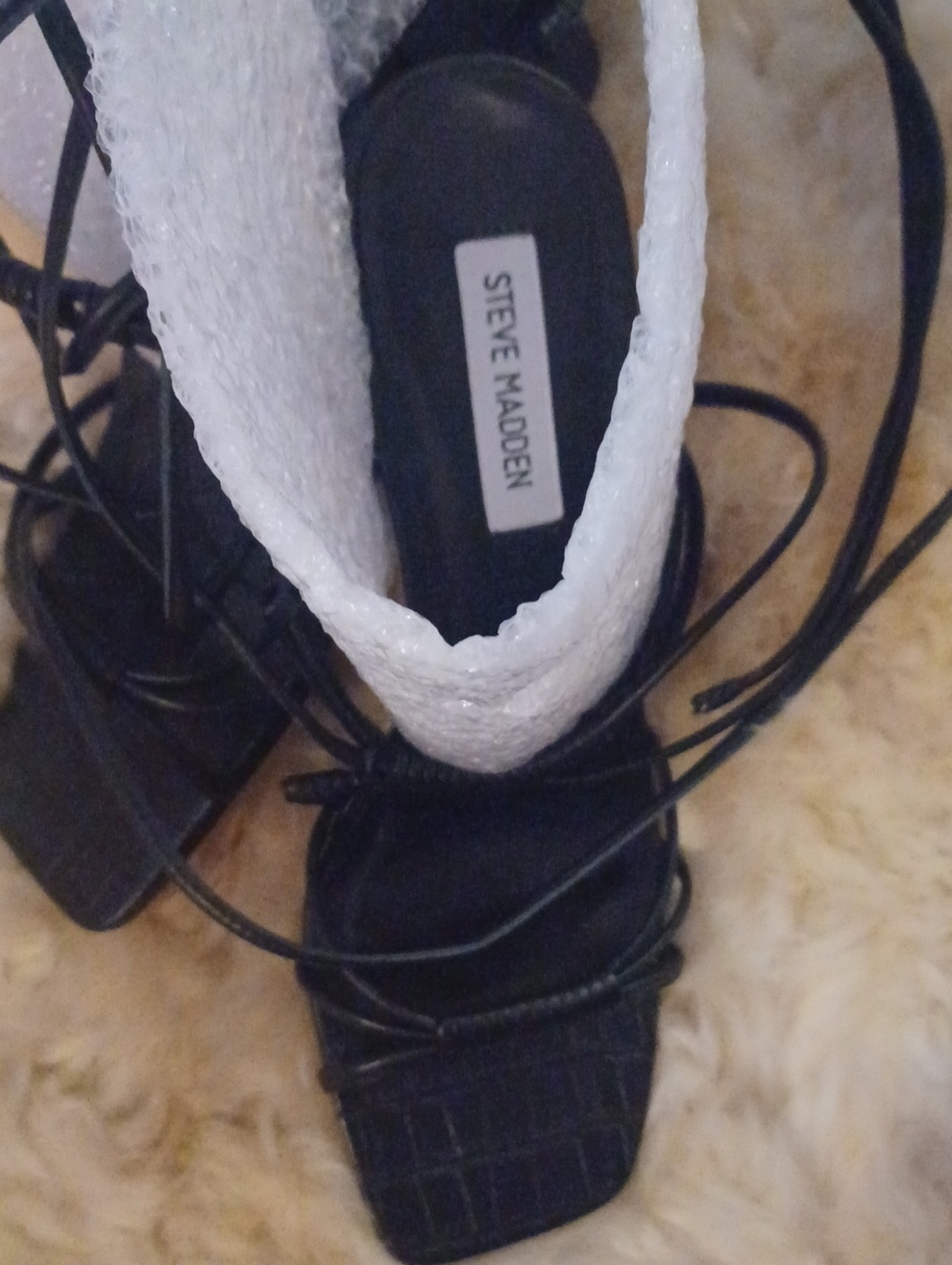STEVE MADDEN LEATHER Black Strappy Lace-Up SANDALS BLOCK Heels sz.10 - Picture 2 of 4